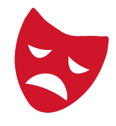 A red mask with a sad face, representing tragedy in theater.